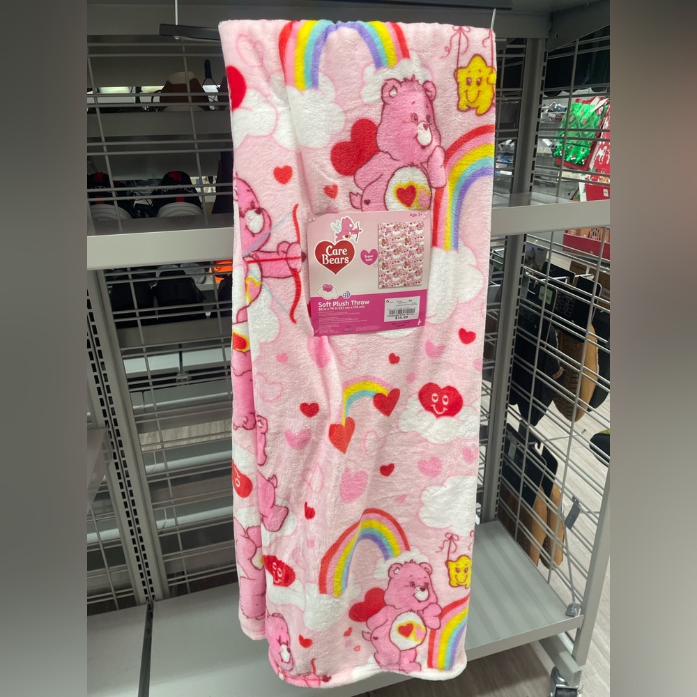Care Bears Pink and White Valentine’s Blanket with Rainbows